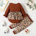 2pcs Baby Girl Brown Ribbed Ruffle Long-sleeve Splicing Leopard Romper and Trousers Set Rustybrown
