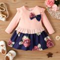 Baby Girl Ruffle Ribbed Long-sleeve Splicing Floral Print Bowknot Dress Pink