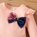 Baby Girl Ruffle Ribbed Long-sleeve Splicing Floral Print Bowknot Dress Pink