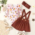 100% Cotton 3pcs Baby Girl Floral Print Long-sleeve Romper and Solid Suspender Skirt Set Multi-color