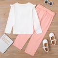 2-piece Kid Girl 3D Floral Design Geo Pattern Ruffled Long-sleeve White Tee and Belted Paperbag Pink Pants Set Light Pink
