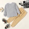 2-piece Toddler Boy/Girl Stripe Long-sleeve Tee and 100% Cotton Solid Color Pants Set LightKhaki