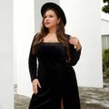 Women Plus Size Sexy Square Neck Slit Long-sleeve Black Velvet Dress Black