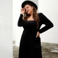 Women Plus Size Sexy Square Neck Slit Long-sleeve Black Velvet Dress Black