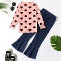 2-piece Kid Girl Heart Print Lettuce Trim Long-sleeve Tee and Button Design Flared Denim Jeans Set Pink