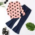 2-piece Kid Girl Heart Print Lettuce Trim Long-sleeve Tee and Button Design Flared Denim Jeans Set Pink