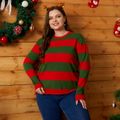 Women Plus Size Casual Christmas Stripe Colorblock Distressed Hem Sweater Red