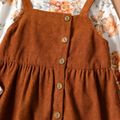 2-piece Toddler Girl Floral Print Long-sleeve Top and Button Design Brown Overall Dress Set Brown