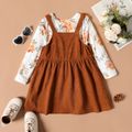 2-piece Toddler Girl Floral Print Long-sleeve Top and Button Design Brown Overall Dress Set Brown