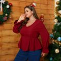 Women Plus Size Elegant Christmas V Neck Button Design Long-sleeve Blouse Red
