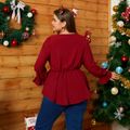 Women Plus Size Elegant Christmas V Neck Button Design Long-sleeve Blouse Red