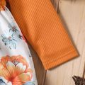 Baby Girl Orange Ribbed Ruffle Bowknot Long-sleeve Splicing Floral Print Dress Color block