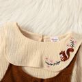 2-piece Toddler Girl Floral Squirrel Embroidered Long-sleeve Top and Brown Button Design Overall Dress Set Caramel
