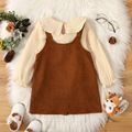 2-piece Toddler Girl Floral Squirrel Embroidered Long-sleeve Top and Brown Button Design Overall Dress Set Caramel