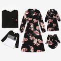 Family Matching Floral Print Black Lapel V Neck Button Long-sleeve Dresses and T-shirts Sets Black/White