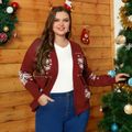 Women Plus Size Casual Christmas Snowflake Pattern Sweater Cardigan Burgundy
