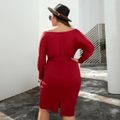 Women Plus Size Casual Off Shoulder Belted Long-sleeve Dress MAROON