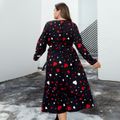 Women Plus Size Christmas Elegant Heart Print Tulip Hem Long-sleeve Dress Black