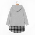 Women Plus Size Casual Drawstring Plaid Stitching Hoodie Sweatshirt Grey