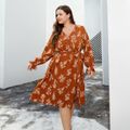 Women Plus Size Vacation Floral Print Surplice Neck Belted Long-sleeve Dress Brown