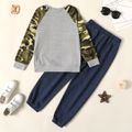 2-piece Kid Boy Camouflage Vehicle Print Raglan Sleeve Pullover Sweatshirt and Elasticized Denim Jeans Set Grey
