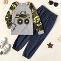 2-piece Kid Boy Camouflage Vehicle Print Raglan Sleeve Pullover Sweatshirt and Elasticized Denim Jeans Set Grey