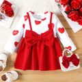 Baby Girl Red Love Heart Print Long-sleeve Splicing Bowknot Dress Color block image 1