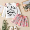 2-piece Toddler Girl Ruffled Letter Print Long-sleeve Top and Floral Print Mesh Design Skirt Set White