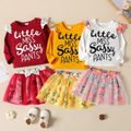 2-piece Toddler Girl Ruffled Letter Print Long-sleeve Top and Floral Print Mesh Design Skirt Set White