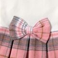 Kid Girl Bowknot Design Ribbed Plaid Splice Long-sleeve Dress PinkyWhite