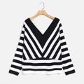 Women Plus Size Elegant V Neck Striped Sweater Black/White