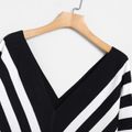 Women Plus Size Elegant V Neck Striped Sweater Black/White