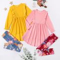 2-piece Kid Girl Ruffled High Low Long-sleeve Top and Floral Print Leggings Set Pink