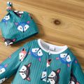 100% Cotton 2pcs Baby Boy/Girl All Over Cartoon Fox Print Blue Ribbed Long-sleeve Footed Jumpsuit Set Blue