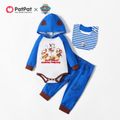 PAW Patrol Baby Boy/Girl 3-piece Christmas Hooded Bodysuit and Allover Pants Set with Bib Dark Blue/white