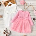 Toddler Girl Bowknot Design Lettuce Trim Mesh Design Long-sleeve Dress Pink