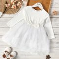 Toddler Girl Bowknot Design Lettuce Trim Mesh Design Long-sleeve Dress White image 1