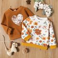 Toddler Girl Casual Heart/Floral Print Textured Sweatshirt Brown