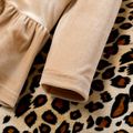 2-piece Toddler Girl Ruffle Hem Ear Design Hooded Velvet Sweatshirt and Leopard Print Pants Set Apricot