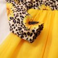 Kid Girl Floral Print Bowknot Decor Mesh Splice Long-sleeve Dress Yellow