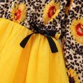 Kid Girl Floral Print Bowknot Decor Mesh Splice Long-sleeve Dress Yellow
