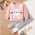 2-piece Toddler Girl Cute Rabbit Pattern Textured Sweatshirt and Pants Set Pink image 1