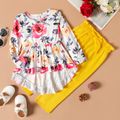 2-piece Toddler Girl Floral Print Long-sleeve Ruffled High Low Top and Yellow Paperbag Pants Set Multi-color