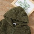 Baby Boy/Girl Solid Thickened Fuzzy Fleece 3D Ears Hooded Long-sleeve Zip Jacket Army green