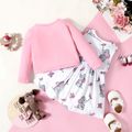 2pcs Baby Girl Pink Long-sleeve Cardigan with Cartoon Elephant and Butterfly Print Sleeveless Dress Set Pink image 2