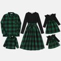 Family Matching Plaid Long-sleeve Splicing Belted Midi Dresses and Shirts Sets Green image 1