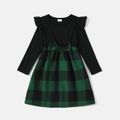 Family Matching Plaid Long-sleeve Splicing Belted Midi Dresses and Shirts Sets Green
