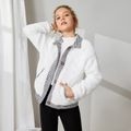 Kid Girl Plaid Tweed Lapel Collar Button Design Fuzzy Fleece Jacket White