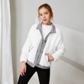 Kid Girl Plaid Tweed Lapel Collar Button Design Fuzzy Fleece Jacket White
