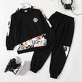 2-piece Kid Boy Letter Print Black Pullover Sweatshirt and Elasticized Pants Casual Set Black